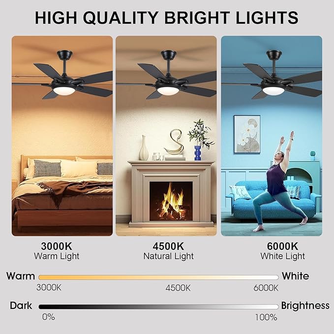 Ceiling Fans with Lights and Remote, 46 Inch Modern Ceiling Fan with Light, Black Ceiling Fans for Bedroom Living Room Indoor/Outdoor, Reversible Quiet Motor, Dimmable LED Light, Black