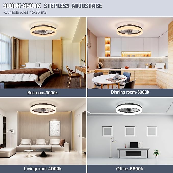 VOLISUN Low Profile Ceiling Fans with Lights and Remote, Fandelier Ceiling Fan Flush Mount, 3000K-6500K Smart Bladeless LED Fan Light, Black Modern Ceiling Fans with Lights for Bedroom - Aura Lighting