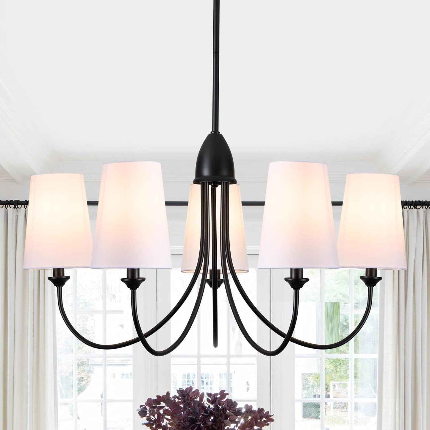 Black Chandelier,5-Light Vintage Farmhouse Chandeliers for Dining Room with White Fabric Shade,30" Modern Industral Chandelier Light Fixture for Bedroom Foyer Porch Living Room Kitchen entryway