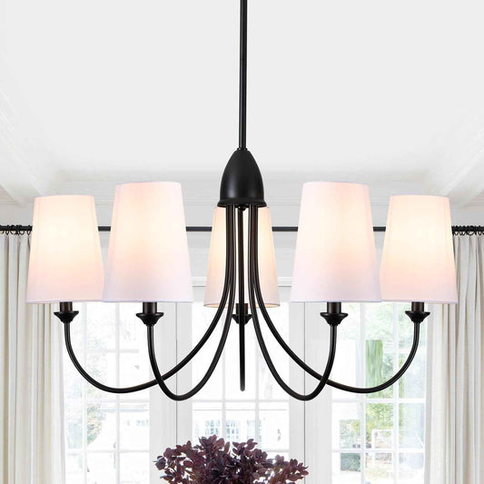 Black Chandelier,5-Light Vintage Farmhouse Chandeliers for Dining Room with White Fabric Shade,30" Modern Industral Chandelier Light Fixture for Bedroom Foyer Porch Living Room Kitchen entryway