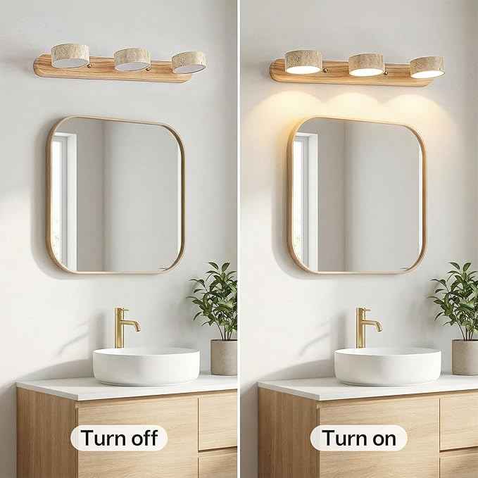 Travertine Vanity Light, 300° Swivel Japandi Ash Wood LED Wall Sconce, Natural Stone Mirror Lighting Fixtures, 20" 3-Light Modern Rustic Wall Lamp for Bathroom & Bedroom (110V)