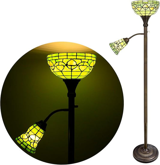 Tiffany Floor Lamp Torchiere with Side Nightlight Yellow Green Stained Glass Reading Light 10X10X71 Inches Pole Standing Corner Torch Uplight Decor Bedroom Living Room Home