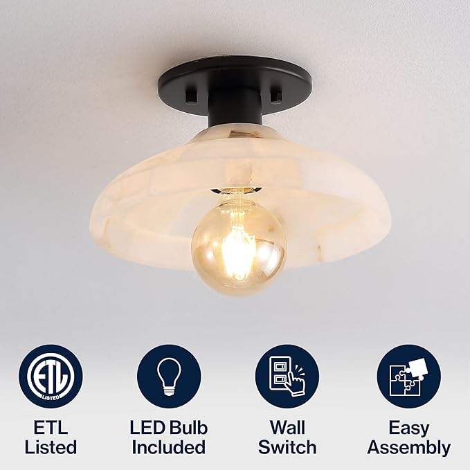 JONATHAN Y 10" Black/White Modern LED Semi Flush Mount Ceiling Fixture, Alabaster Shade for Hallway Bedroom Foyer, Mid-Century Dimmable Lamp, Edison LED Bulb Included (JYL1207B)