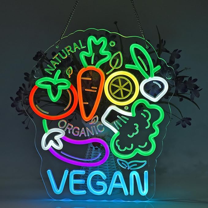 Vegan Neon Sign, Neon Lights Hanging Wall Art Decoration for Business Restaurant Shop Store Bar Cafe Party Home Decor, USB Powered Ultra Bright Dimmable,14.57×12.6inches