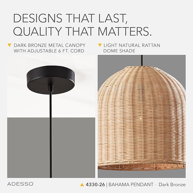 Adesso Dark Bronze Ceiling Pendant with Natural Rattan Shade – Adjustable Hanging Length, Ambient Accent Lighting for Kitchen, Living Room or Home Office