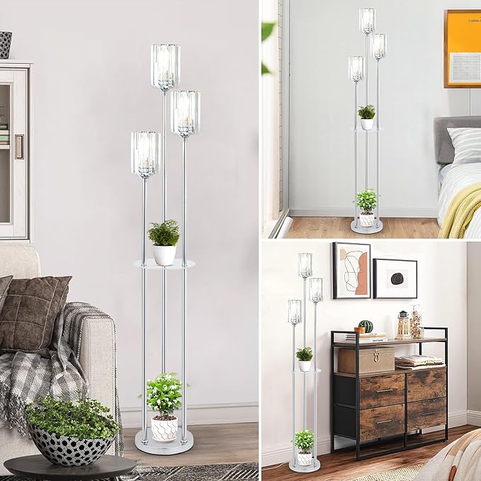 HMVPL Crystal Floor Lamps for Living Room, Modern Floor Lamp with Shelves, 3-Lights Standing Lamp with Crystal Shade, On/Off Foot Switch, Silver Corner Floor Lamp for Bedroom Living Room Office(66") - Aura Lighting