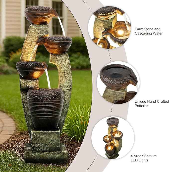 Naturefalls 40" Tall Outdoor Water Fountain and Waterfalls - Large Garden Fountain with LED Lights, 4-Tier Crocks, Indoor and Outdoor Fountains for Garden, Patio, Deck, Porch, Backyard and Home, Gray