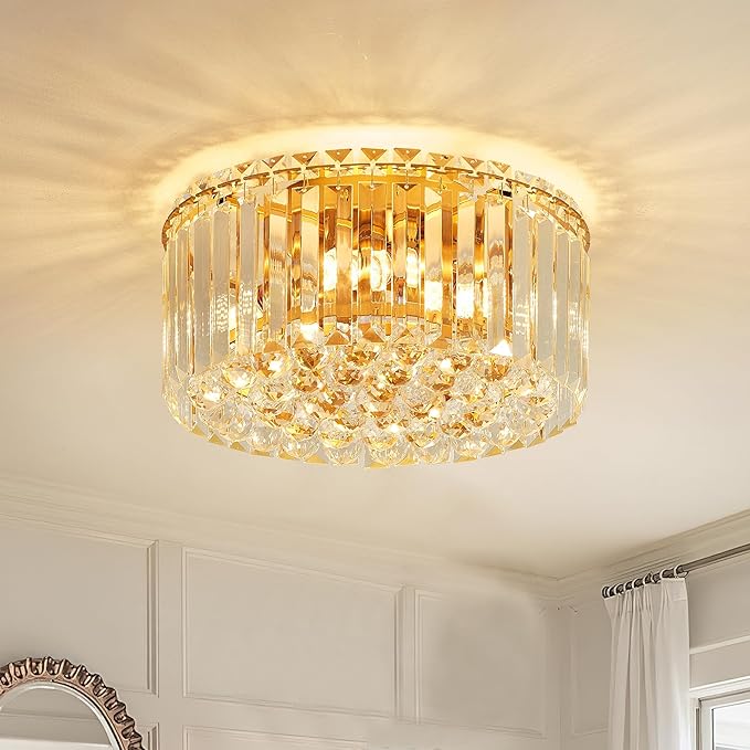 12.6" Gold K9 Crystal Raindrop Flush Mount Ceiling Light, Modern Chandelier, Round Luxury Light Fixture for Dining Room, Bedroom, Hallway, Kitchen Island & Living Room - Aura Lighting