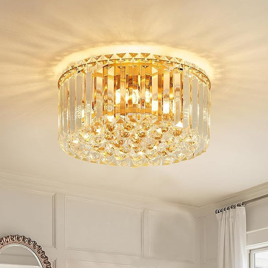 12.6" Gold K9 Crystal Raindrop Flush Mount Ceiling Light, Modern Chandelier, Round Luxury Light Fixture for Dining Room, Bedroom, Hallway, Kitchen Island & Living Room - Aura Lighting