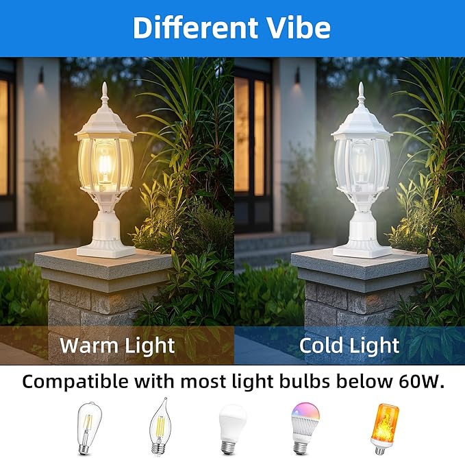 2 Pack White Outdoor Lamp Post for Patio Pathway, 17inch White Outdoor Post Light Fixture for House Pier Mount Outside Lighting Exterior Pole Lamp 17” Coach Light