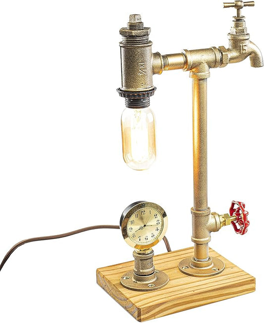 Steampunk Lamp with Dimmer, Dimmable Loft Style Industrial Vintage Antique Style Light with Bulb, Clock, Wood Base with Iron Piping Desk Lamp, Retro Desk Lamp LL-031