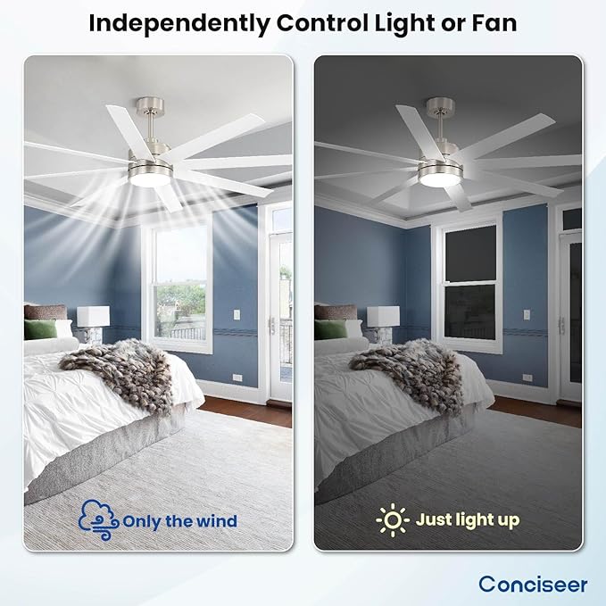 72 Inch Ceiling Fans with Lights and Remote for Bedroom Living Room Kitchen Library Cafe Outdoor/Industrial Use, 3CCT Dimmable, 8 Blades 6 Speed Reversible Quiet DC Motor, Sand-nickel/White