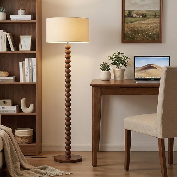 Buruis 61" Beaded Wood Floor Lamp with 17.2" Large Linen Shade, UL Listed, Retro Mid-Century Accent Walnut Finish Standing Lamp for Living Room, Bedroom, Office, Corner, Bulb Not Included, Beige
