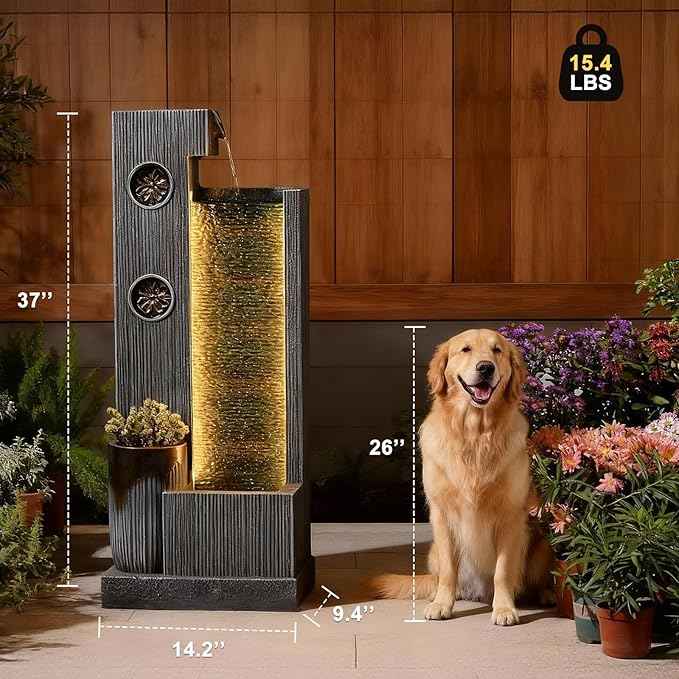 37" H Modern Indoor Water Fountains - Rectangular Outdoor Waterfall Fountain with LED Lights and Pump and Sculpted Flowers for Office, Living Room, Bedroom, Garden and Home Art Decor