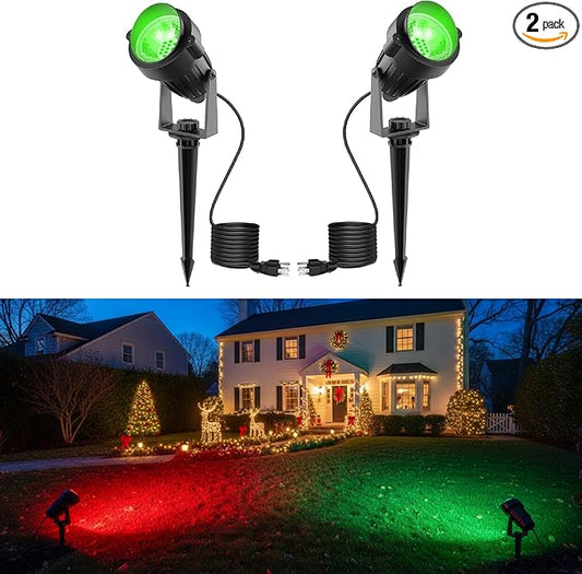 L LOHAS LED Christmas Spotlight Outdoor, Green Spot Lights for Yard, Auto On/Off 5W 120V Landscape Lighting for House, Holiday, Trees, Decoration, 450LM IP66 Waterproof, UL Listed, 2 Pack - Aura Lighting