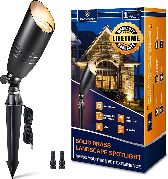 Gardenreet Landscape Spotlights Low Voltage - Brass 12V Outdoor Uplight LED, Wired Spot Lights IP65 Waterproof, Bright Metal Black for Exterior Garden Yard Tree House Without MR16 Bulb - Aura Lighting