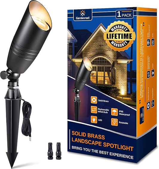 Gardenreet Landscape Spotlights Low Voltage - Brass 12V Outdoor Uplight LED, Wired Spot Lights IP65 Waterproof, Bright Metal Black for Exterior Garden Yard Tree House Without MR16 Bulb - Aura Lighting