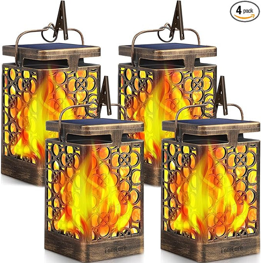 TomCare Solar Lights Upgraded Solar Lantern Flickering Flame Outdoor Hanging Lantern Decorative Lighting Solar Powered Waterproof LED Flame Umbrella Lights for Patio Garden Deck, 4 Pack(Bronze)