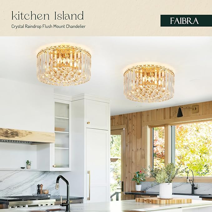 12.6" Gold K9 Crystal Raindrop Flush Mount Ceiling Light, Modern Chandelier, Round Luxury Light Fixture for Dining Room, Bedroom, Hallway, Kitchen Island & Living Room - Aura Lighting