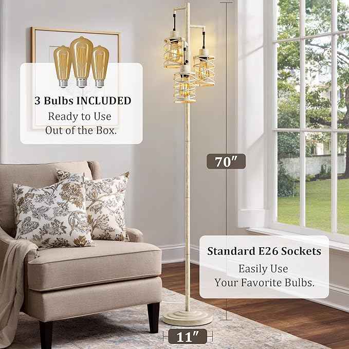 BOBOMOMO 70" Farmhouse Dimmable Floor Lamp, Weathered White Rustic Industrial Metal Cage Standing Lamp with 3 LED Bulbs, Stepless Dimming Tall Tree Lamp for Living Room, Bedroom, Entryway, Corner
