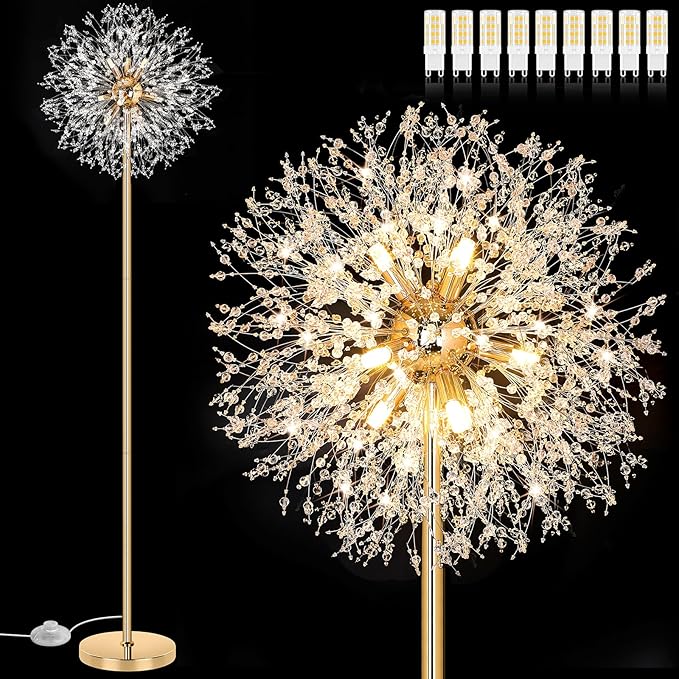 BesLowe 69'' Crystal Floor Lamp for Living Room, Modern Standing Lamp with 738PCS K9 Crystals, Tall Lamp Pole Light for Bedroom Office, Mid Century Gold Floor Lighting with 9 LED Bulbs, Antique Brass