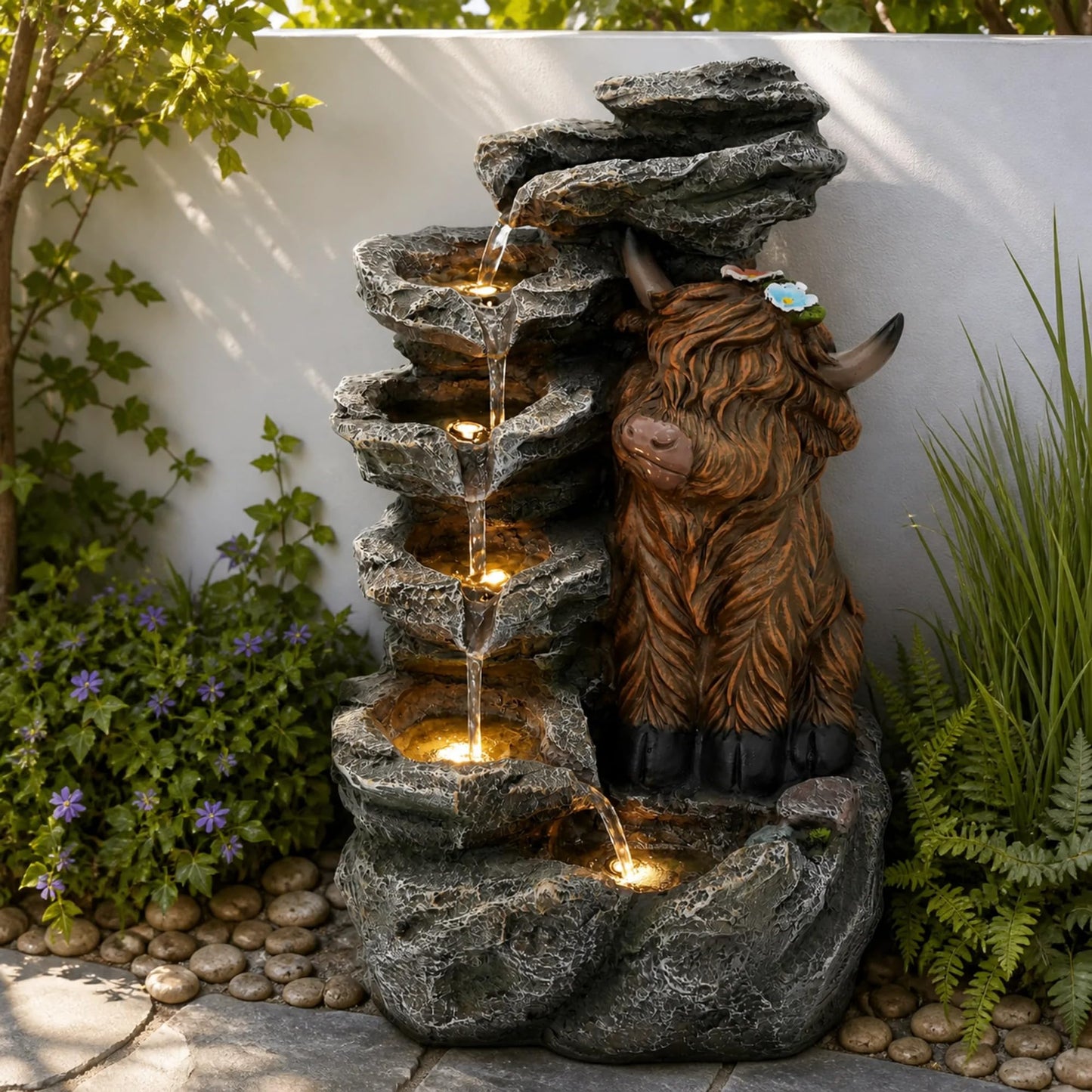 6 Tier Outdoor Water Fountain LED Waterfall with Highland Cow