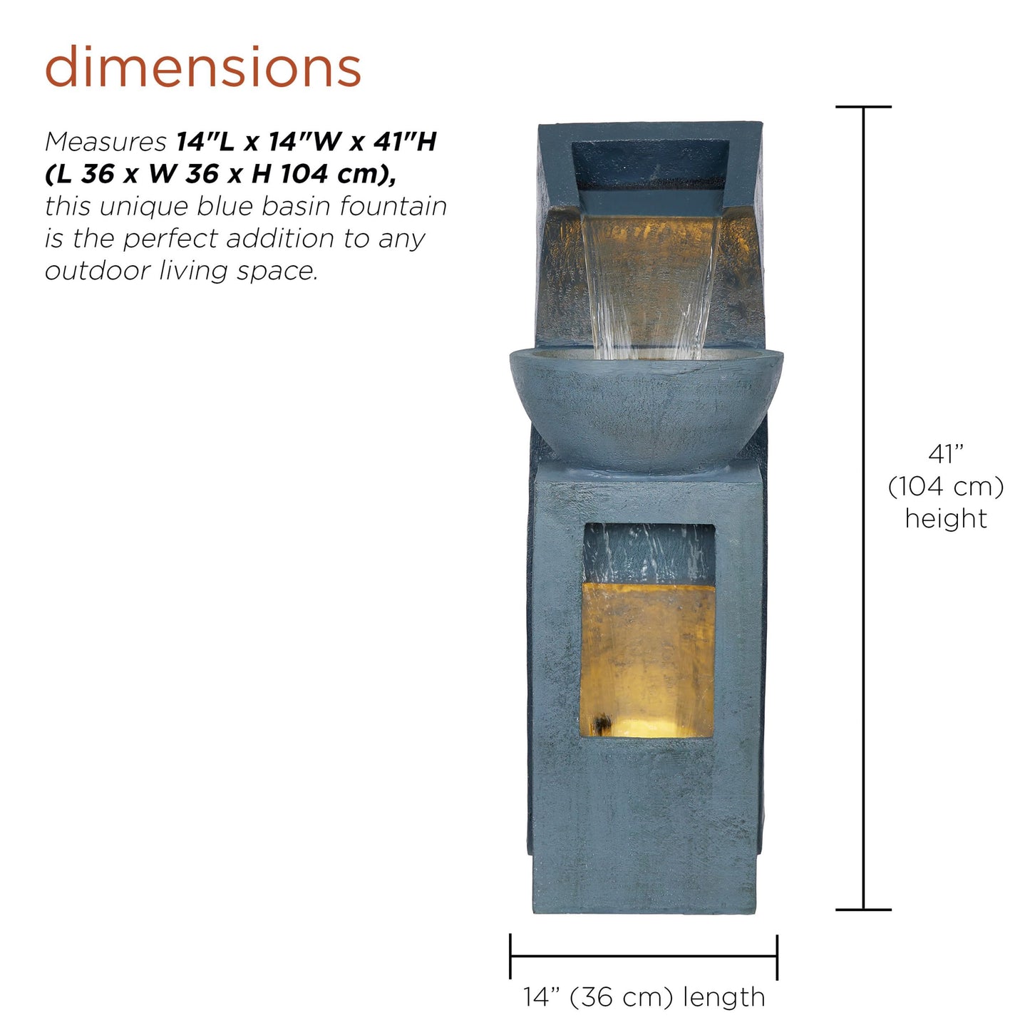 41" Tall Outdoor Basin Waterfall Floor Fountain with LED Lights for Garden
