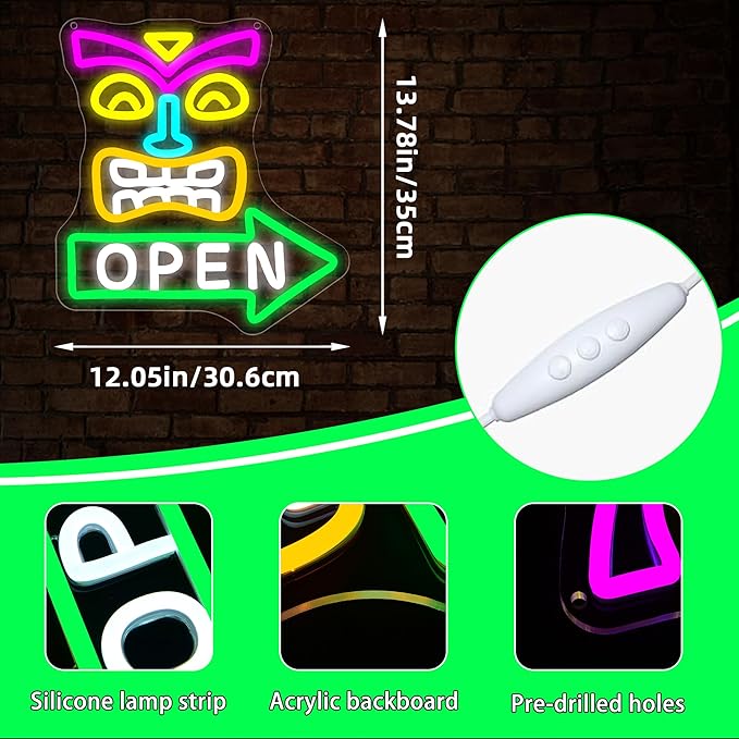Tiki Bar Open Neon Sign for Wall Decor Dimmable Tiki Open Neon Light for Man Cave Hawaii Beach Sign for Pub Home Bar Beer Shop Party Bedroom Christmas Birthday Gifts Art Size 11.8 * 10.9In (WZCP190)