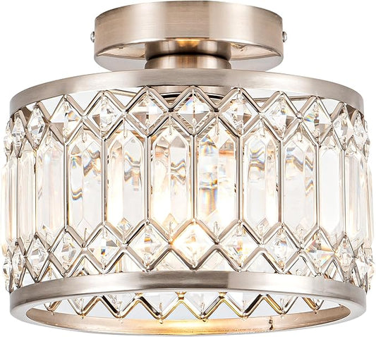 Crystal Ceiling Light Fixture, Modern Semi Flush Mount Ceiling Light,Crystal Chandelier for Kitchen Bedroom Bathroom Entryway Nickel Finish (Bulb not Included)