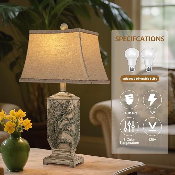 WIHTU 25" Vintage Table Lamps, 3 Color Temperature Rustic Retro Beside Lamp Set of 2, Farmhouse Resin Table Lamp for Living Room Bedroom Nightstands, Rotary Switch, Carved Leaf(2 Bulbs Included)