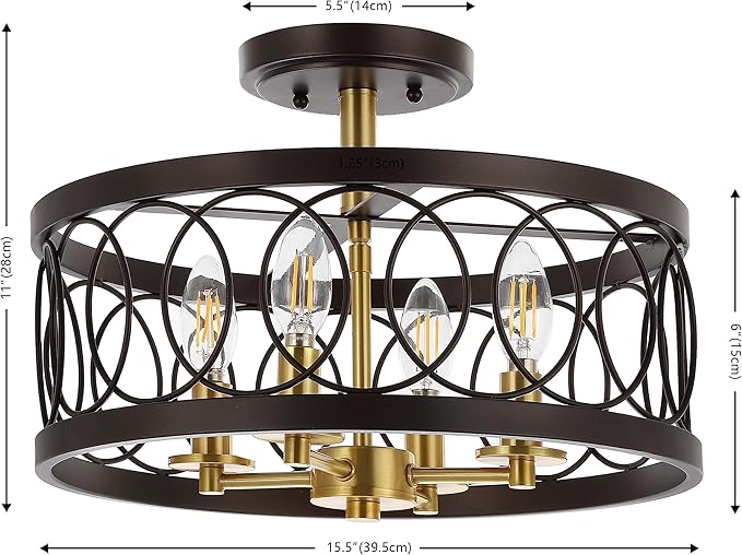 JONATHAN Y 15.5" Oil Rubbed Bronze/Brass Gold 4-Light Metal LED Semi-Flush Mount Ceiling Light, Metal Fretwork Shade for Bedroom Entryway Hallway, Traditional Round Dimmable Fixture (JYL9040B)
