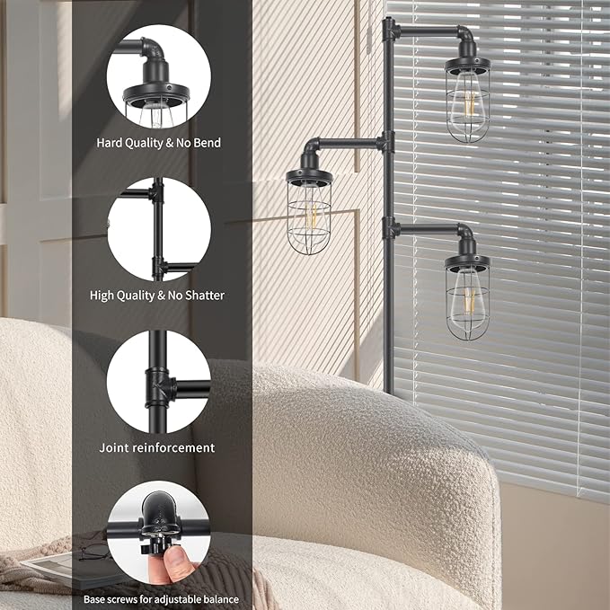 CONCA Steampunk Three Head Industrial Floor Lamp, Rustic Edison Bulb, Cage Shade (Black)