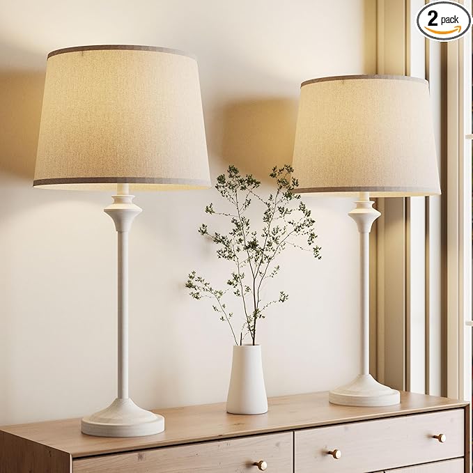 Maxax Farmhouse Table Lamps Set of 2 for Living Room, Antique White Metal Buffet Lamps with Oatmeal Shade Decor, 26" Tall Skinny Bedside Nightstand Lamps for Bedroom
