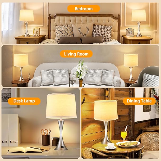 LIT-PaTH Table Lamp for Bedroom Nightstand Set of 2, Bedside Lamps with 3 Way Dimmable Touch Control and USB C+A Charging Ports, Linen Shade Desk Light for Living Room, Nickel (LED Bulb Not Included)