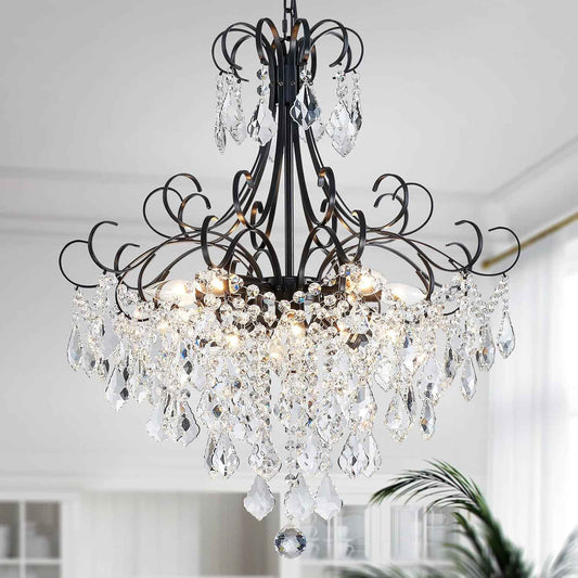 WUZUPS Crystal Chandelier 10-Light Pendant Ceiling Light Modern Lighting Fixture for Dining Room Hallway Bedroom Kitchen Bathroom, H 27.6" x W 22.8", E12 Base, Black
