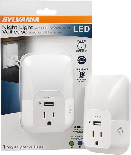 Sylvania LED Night Light with USB Port and Socket, 3-Color Select, Frosted, 3000K, 5 Lumens, Cool White - 1 Pack (64991)
