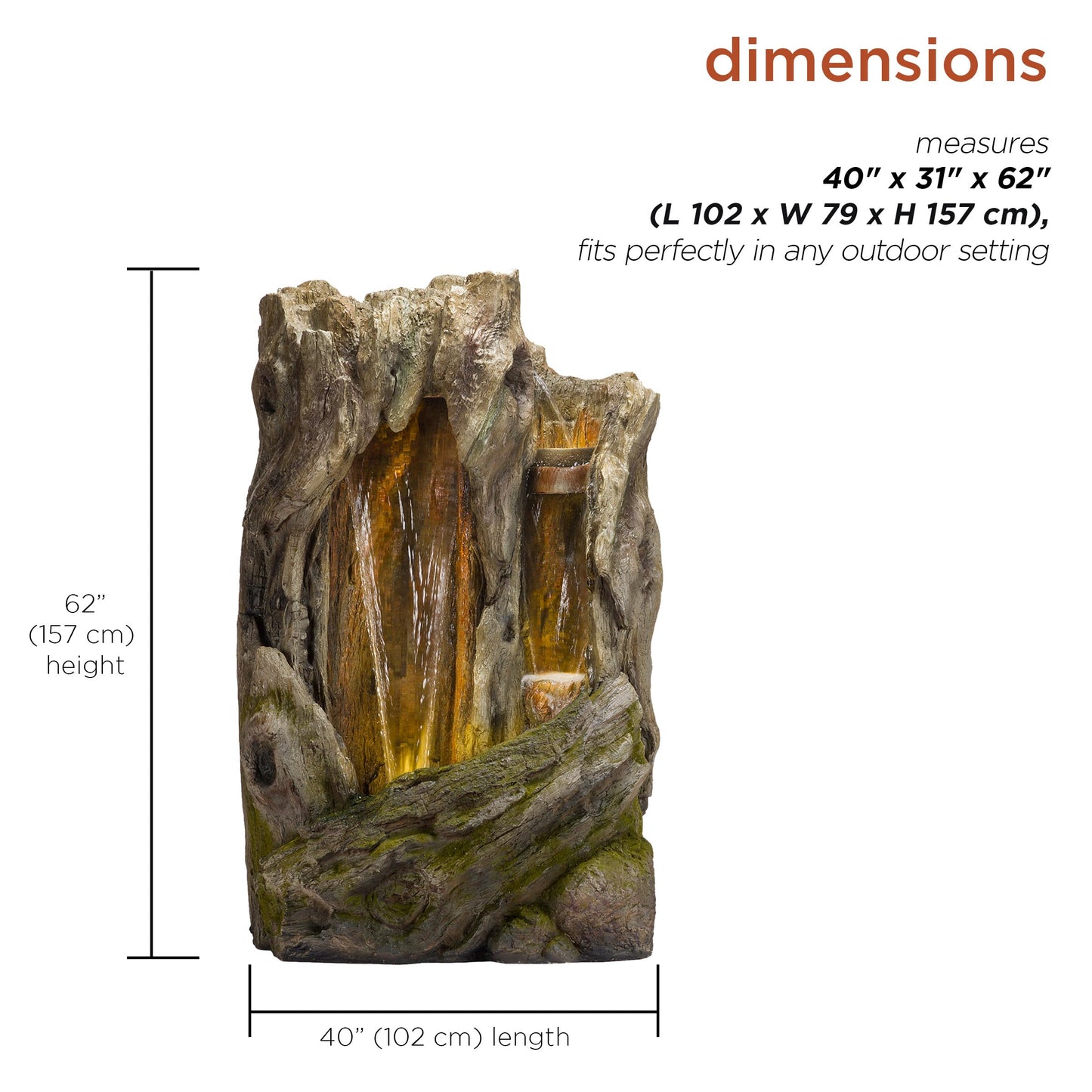 62" Rustic Outdoor Tree Trunk Waterfall Fountain with LED Lights
