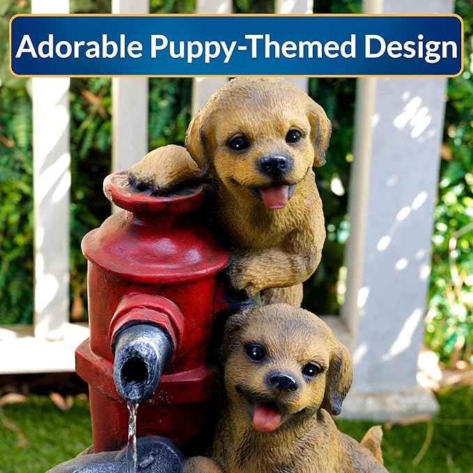 Alpine Corporation GXT986 26" Tall Outdoor Barrel Fountain with Playful Puppies, Cascading Garden Water Feature for Patio, Lawn, or Yard Decor, Brown