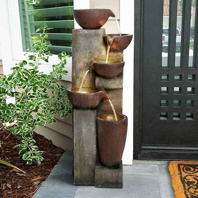 SunJet 5-Tier Cascading Indoor/Outdoor Water Fountain with LED Lights - 39.7" High Large Waterfall Floor Standing Fountain for Garden, Patio, Yard, and Deck Decor - Relaxing Outdoor Water Feature