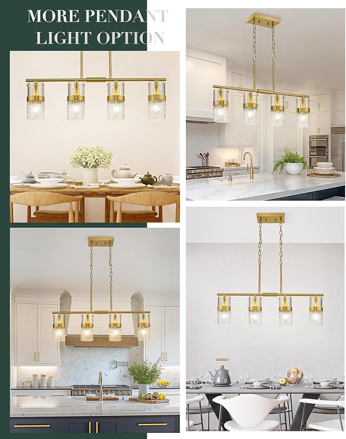 LMS 4-Light Brushed Gold Island Chandelier Lights for Kitchen, Mid Century Pendant Light with Hammered Glass Shade, Farmhouse Dining Room Light Fixture, Kitchen Island, LMS-171GD-4 - Aura Lighting