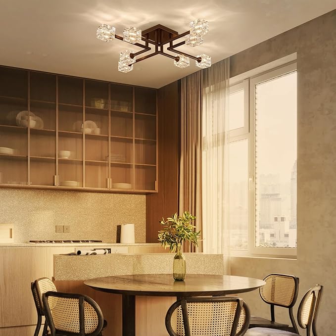 XINGQI Black Modern Sputnik Chandelier Semi Flush Mount Ceiling Light Glass 8-Lights Farmhouse Lighting Fixtures for Dining Room Living Room Kitchen Bedroom