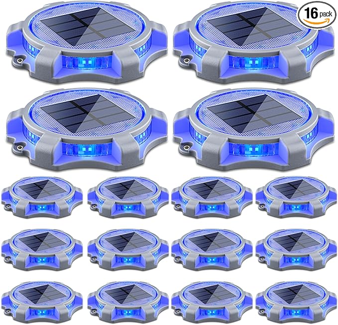 SIEDiNLAR Solar Deck Lights Outdoor 2 Modes LED Dock Light Driveway Markers Waterproof for Pathway Step Walkway Ground Stair Yard Road Garden 16 Pack (Blue/Red)
