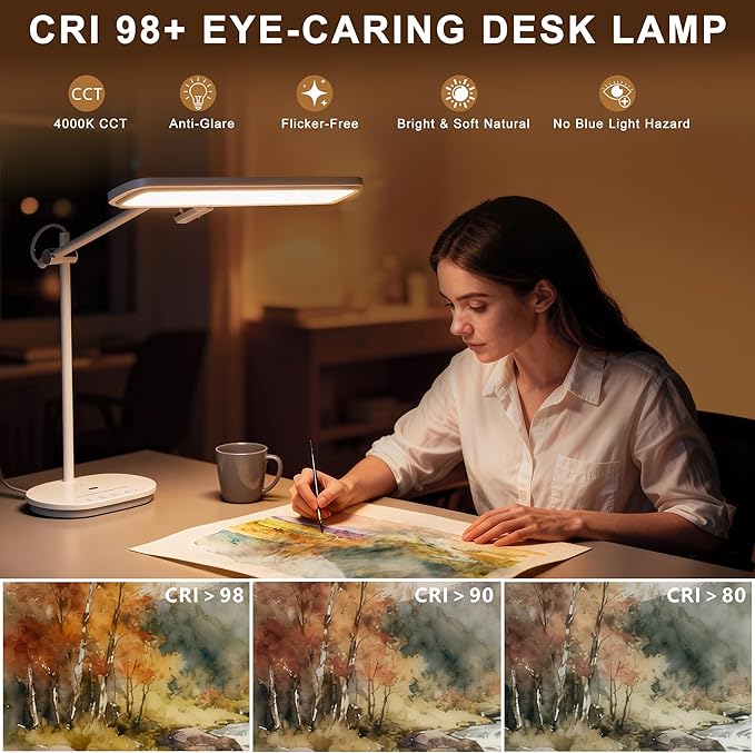 LED Desk Lamp with CRI 98, Advanced Eye-Caring Bright Desk Light for Crafting, Home Office & Kids Studying, Multi-Angle Adjustable, Dimmable Full Spectrum with Touch & Gesture Control - Aura Lighting