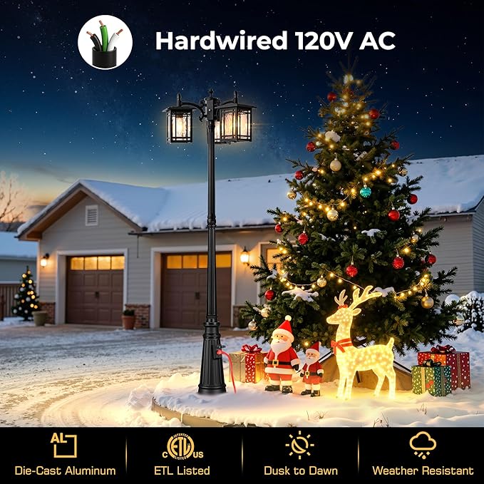 Outdoor Lamp Post Light Fixture, Black Dusk to Dawn Lamp Posts with Outlet, 3-Head Street Lamps Outdoor Lighting, Waterproof Outside Post Lights Hardwired, Anti-Rust Outside Pole Light for Yard
