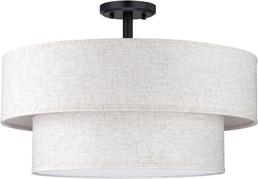 2-Tier 20" Cream Drum Fabric 4 Light Black Semi Flush Mount Ceiling Light for Living Room Dining Room Bedroom Hallway - Aura Lighting