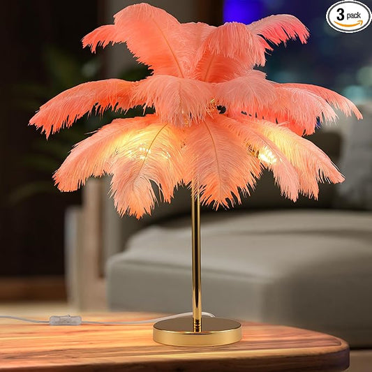 MAYOLA Modern Ostrich Feather Table Lamp with Plug in Wire,3-Light Bedside Floor Lamp for Living Room, Bedroom and Office 24” Tall Feather Desk Lamp (Pink, Table Lamp-Metal) - Aura Lighting