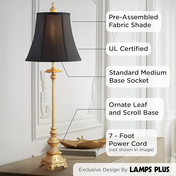 Regency Hill Juliette Traditional French Country Buffet Table Lamps 36.5" Tall Skinny Set of 2 Glam Luxury Style Gold Candlestick Black Fabric Bell Shade for Living Room House Home Entryway