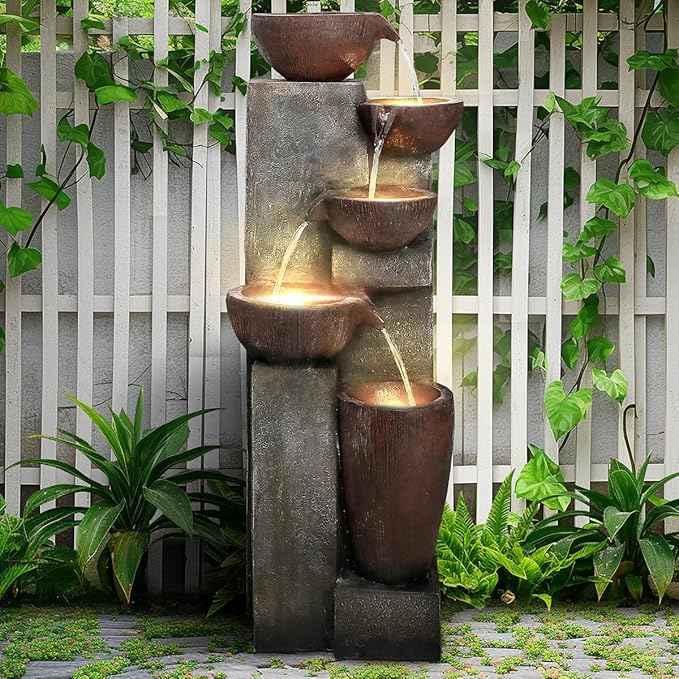 SunJet 5-Tier Outdoor Water Fountain Resin Fountain Decor with LED Lighting Natural Polyresin Looking Stone Decor for Garden Patio Fold Court Yard Deck 12.99" L x 13.78" W x 39.76" H