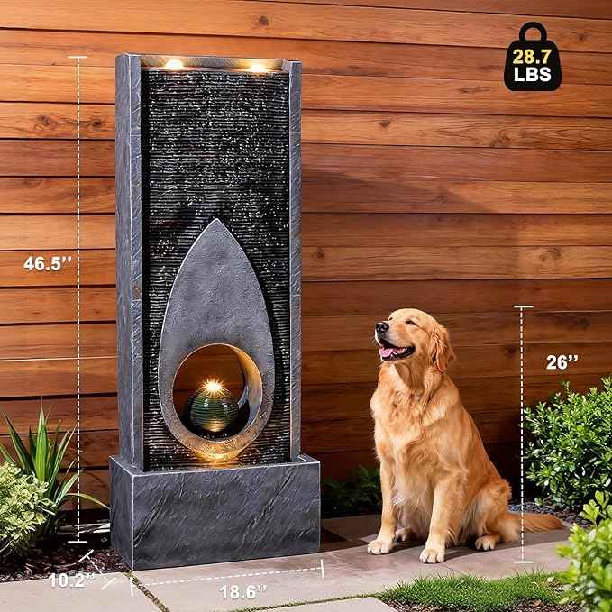 46.5" H Large Indoor Water Fountains - Modern Rectangular with Sphere - Waterfall Fountain for Indoor or Outdoor with LED Lights and Pump for Deck, Patio, Porch, Garden, Yard Decor