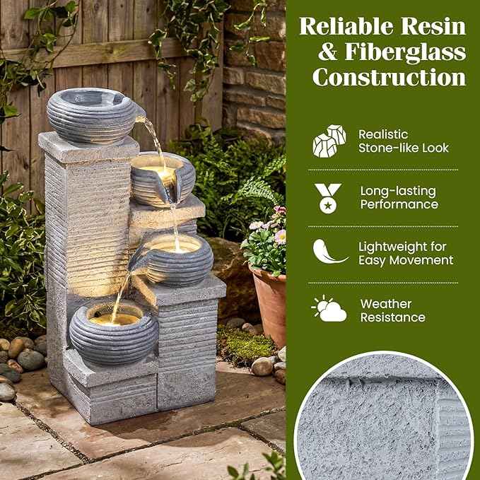Giantex 4-Tier Water Fountain Outdoor, 23 Inch Cascading Bowls Waterfall Fountain with Warm LED Lights & Pump, Outside Zen Water Feature for Patio, Balcony, Deck, Garden, Yard Decor